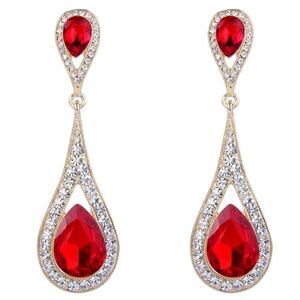Yellow Gold with Ruby Red and Diamond Austrian Crystal Dual Teardrop Earrings